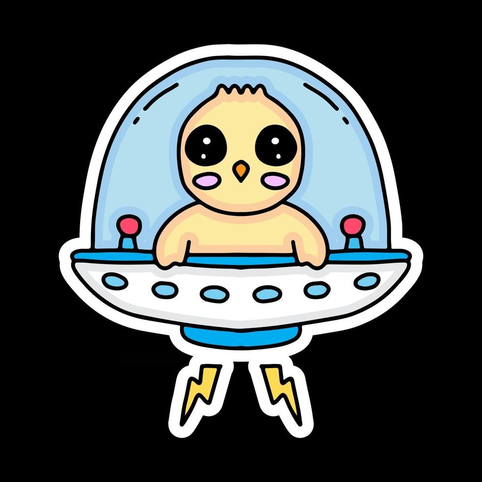 desenhos animados de pintinhos kawaii no ufo. ilustração de design para adesivo e camiseta vetor