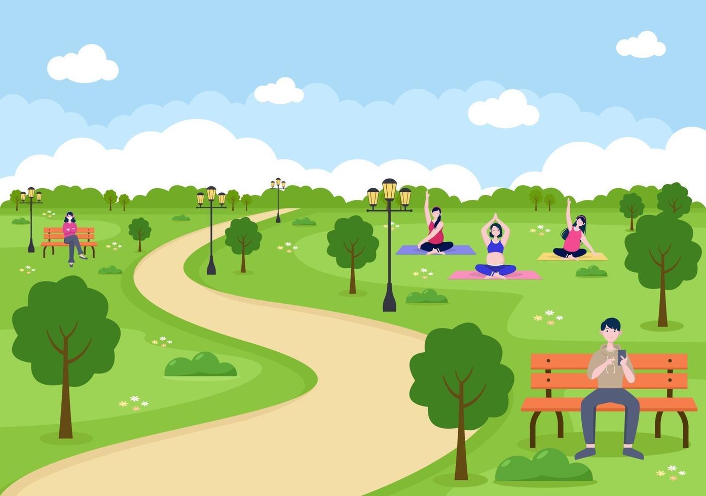 ilustração de parque da cidade para pessoas que praticam esporte, relaxamento, lazer ou recreação com árvore verde e gramado. cenário urbano vetor