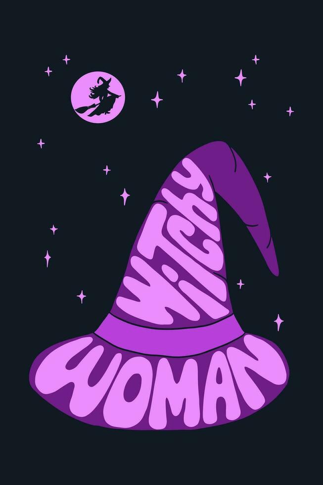 retro groovy tipográfico composição para dia das Bruxas. plano mão desenhado texto bruxa mulher dentro forma do bruxa chapéu. vetor ilustração com bruxa silhueta, lua e estrelas dentro noite. Sombrio tema para cartazes