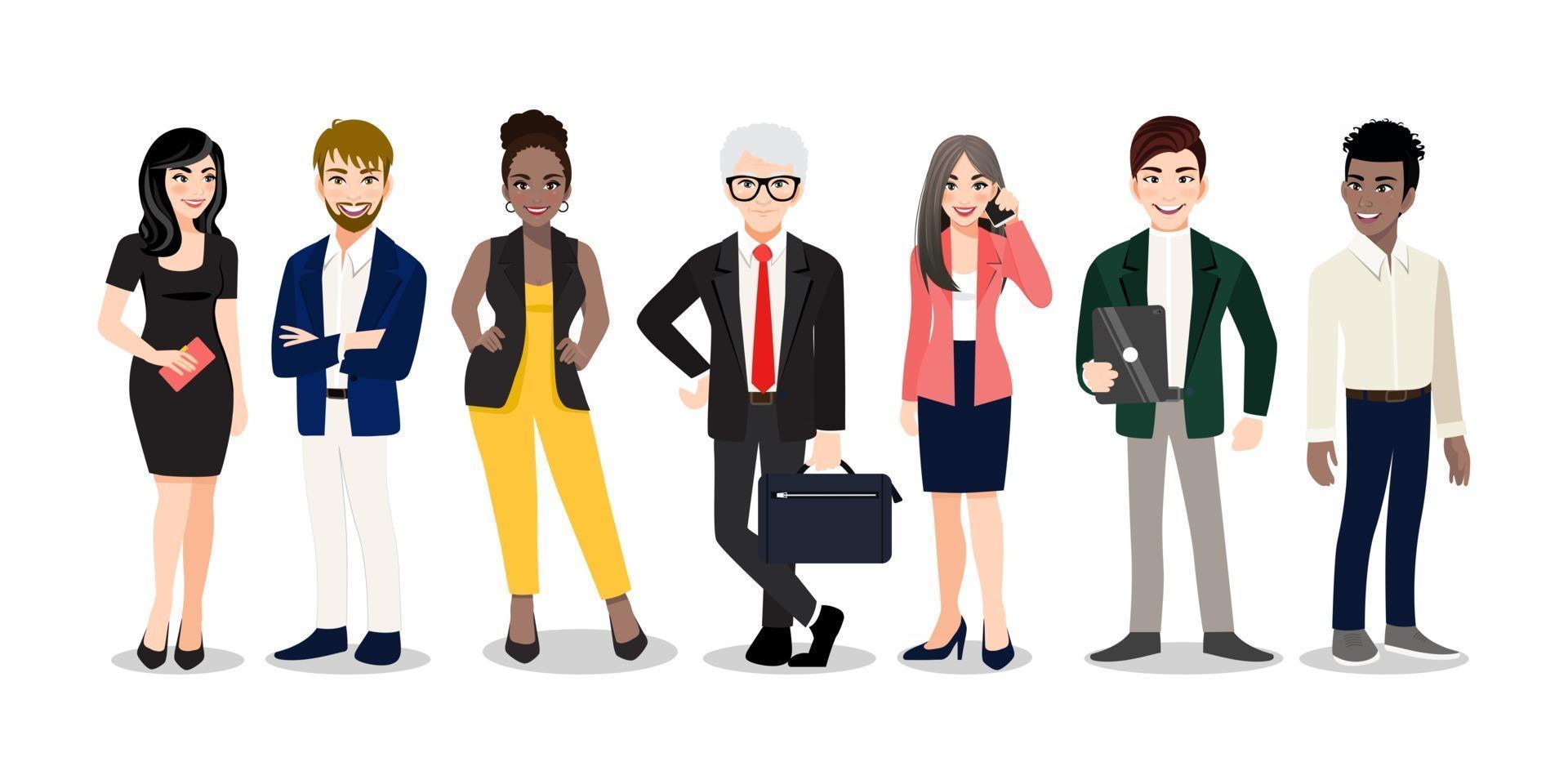 trabalhadores de escritório ou equipe multinacional de negócios em pé e sorrindo juntos. ilustração em vetor de diversos desenhos animados de homens e mulheres de várias raças, idades e tipos de corpo em trajes de escritório.