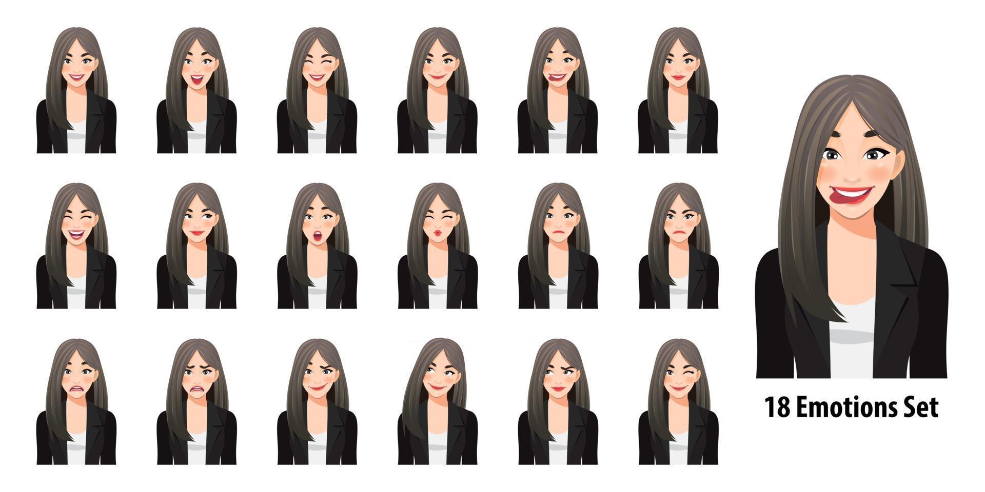 linda mulher de negócios em um terno preto com diferentes expressões faciais isoladas em ilustração vetorial de estilo de personagem de desenho animado vetor