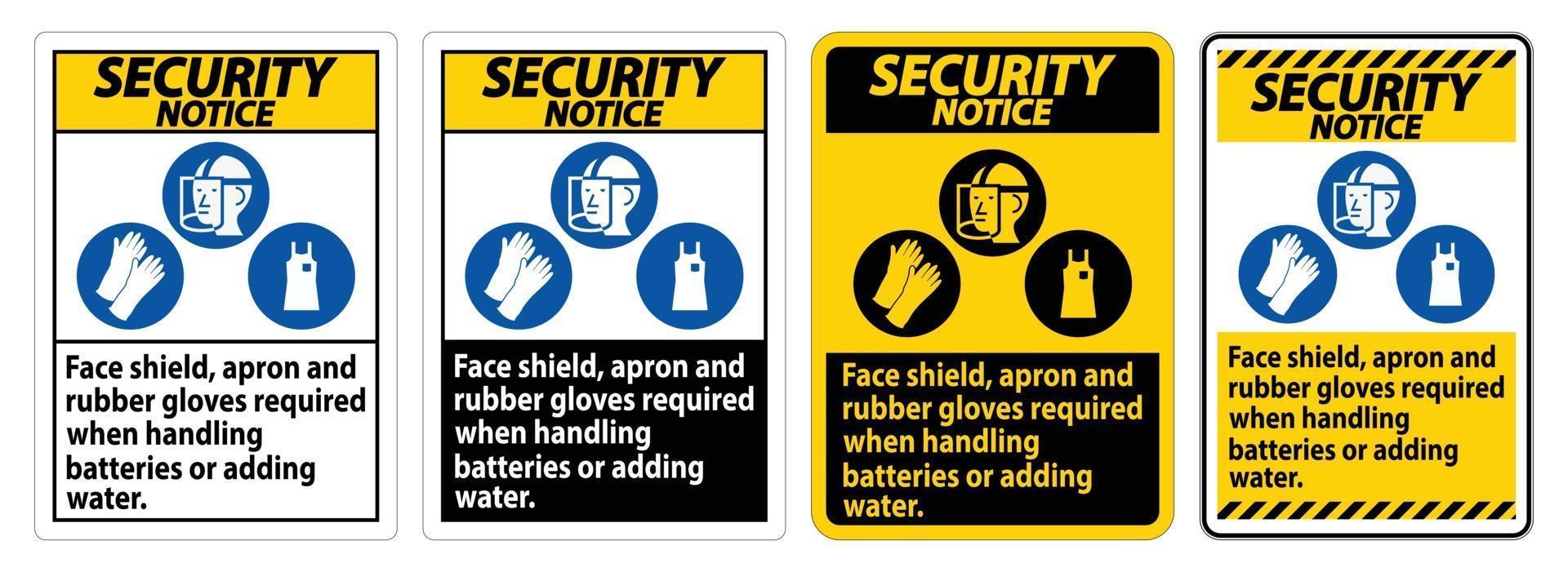 Sinal de aviso de segurança protetor facial, avental e luvas de borracha necessários ao manusear baterias ou adicionar água com símbolos de ppe vetor