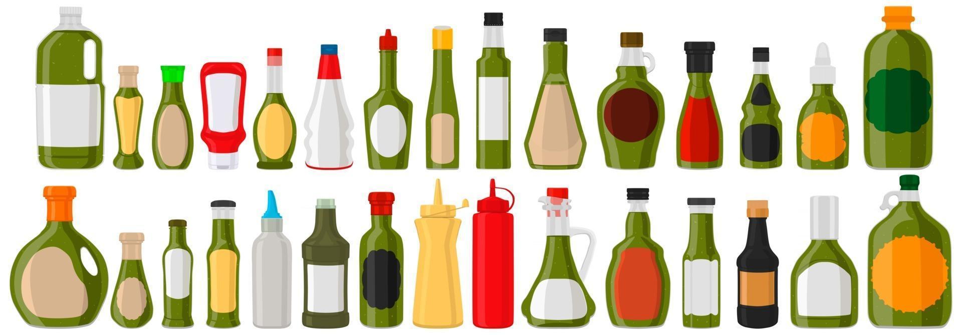 ilustração grande kit garrafas de vidro variadas com molho líquido de pimenta jalapeño vetor