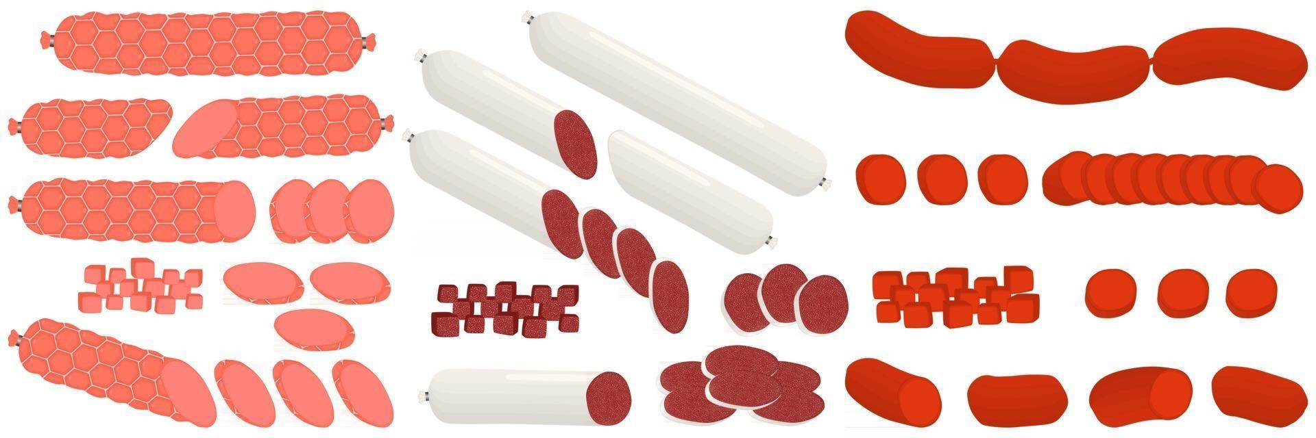 ilustração sobre o tema grande conjunto de diferentes tipos de salsichas de charcutaria vetor