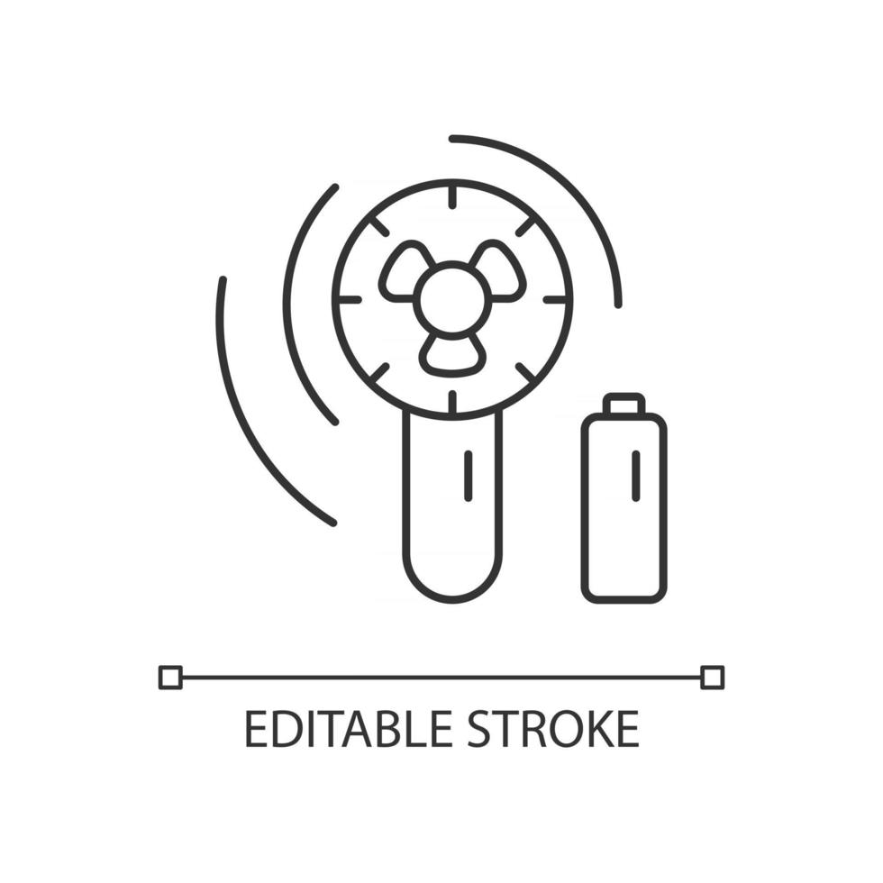 ícone linear do mini ventilador de viagens. amenidades portáteis para maior conforto durante as férias de verão. ilustração personalizável de linha fina. símbolo de contorno. desenho de contorno isolado do vetor. curso editável vetor