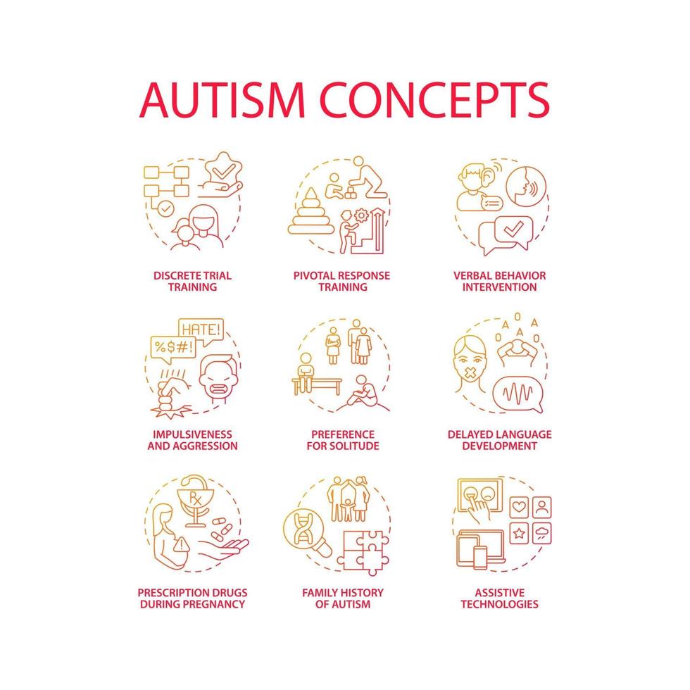 conjunto de ícones de conceito de transtorno do espectro do autismo. deficiência de desenvolvimento idéia ilustrações coloridas de linha fina. preferência à solidão. atraso no desenvolvimento da linguagem. desenhos de contorno de vetor isolado