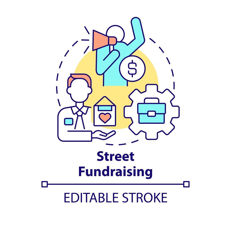 ícone do conceito de arrecadação de fundos de rua. ilustração de linha fina de ideia abstrata de evento de caridade. pedindo doações. interação com potenciais doadores. desenho de cor de contorno isolado vetor. curso editável vetor