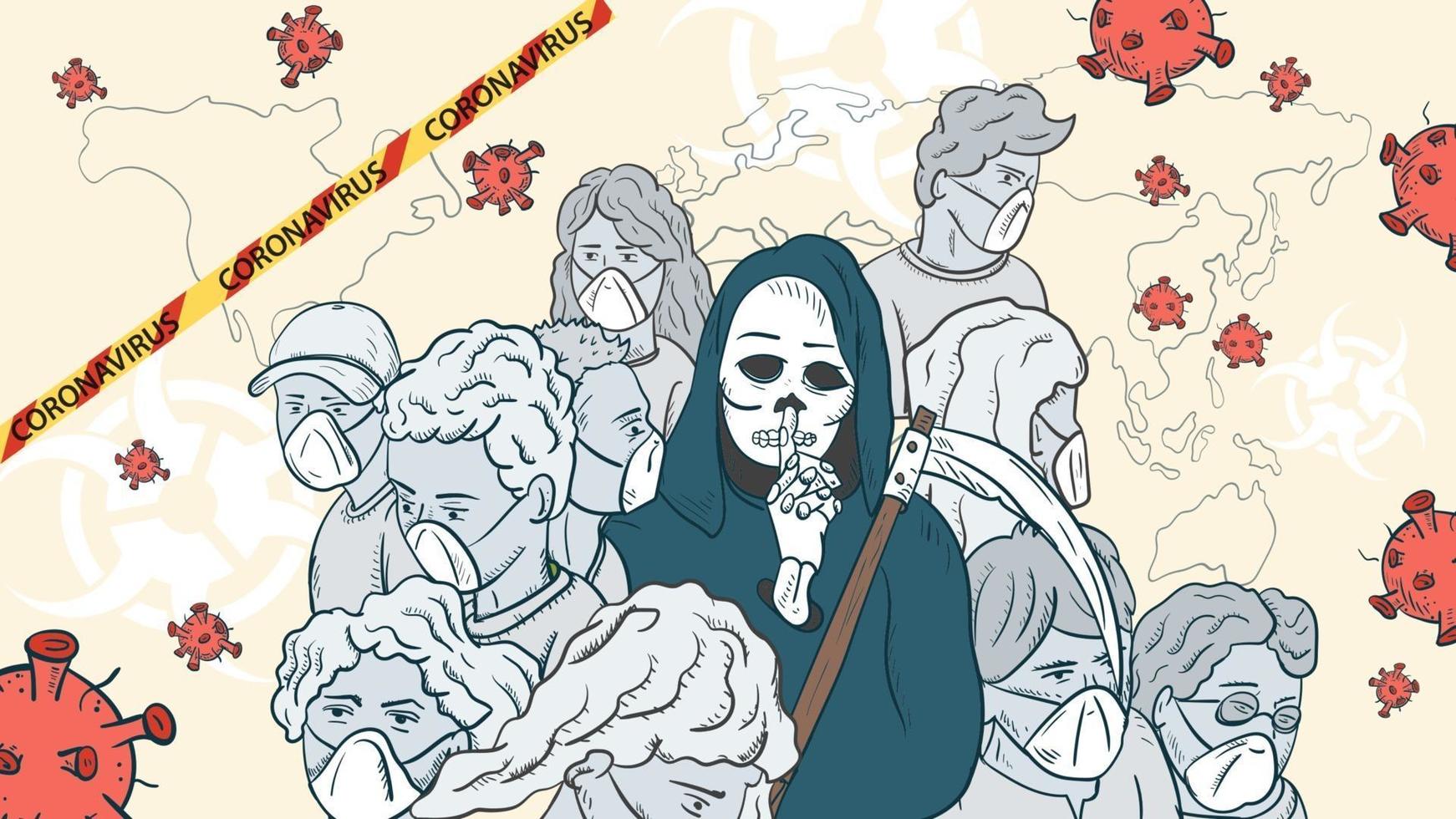 ilustração do banner para o desenho do vírus corona sars-cov-2 um grupo de pessoas mascaradas uma massa cinzenta no meio um esqueleto da morte com uma foice e moléculas de vírus vetor