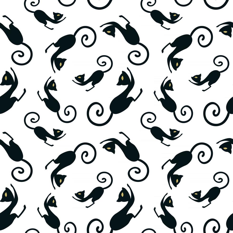 padrão sem emenda com um gracioso gato preto curvado as costas. textura infinita de vetor preto e branco.