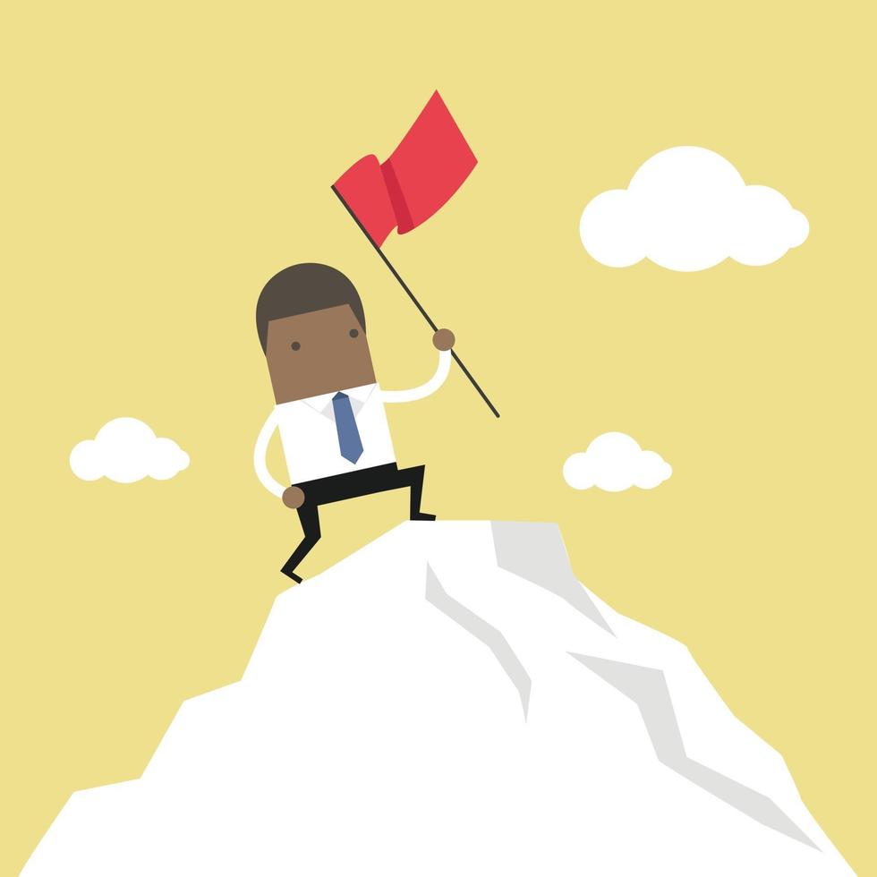 empresário africano em pé com a bandeira vermelha no pico da montanha. vetor