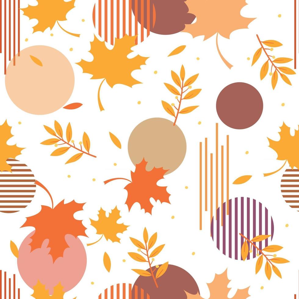 folhas de outono modernas com padrão geométrico de círculo colorido e listras sem costura vetor