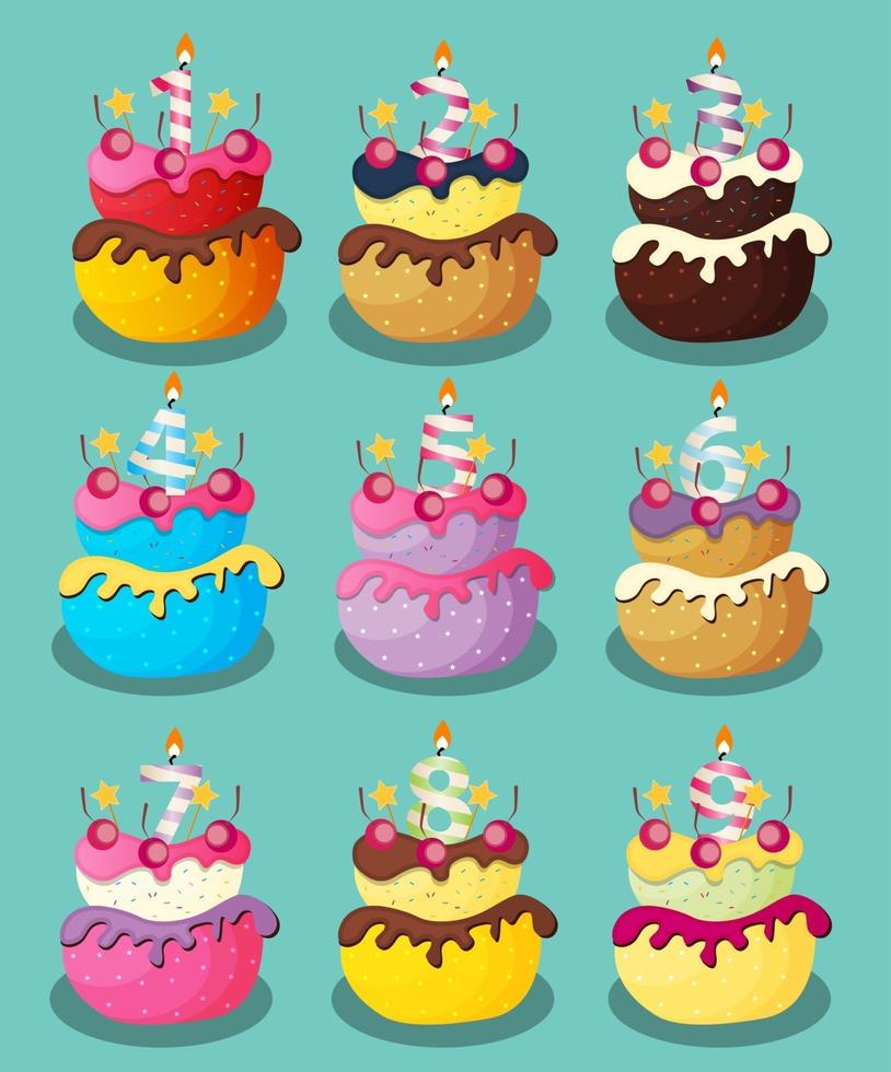 Bolo de feliz aniversário com ilustração vetorial conjunto de números vetor