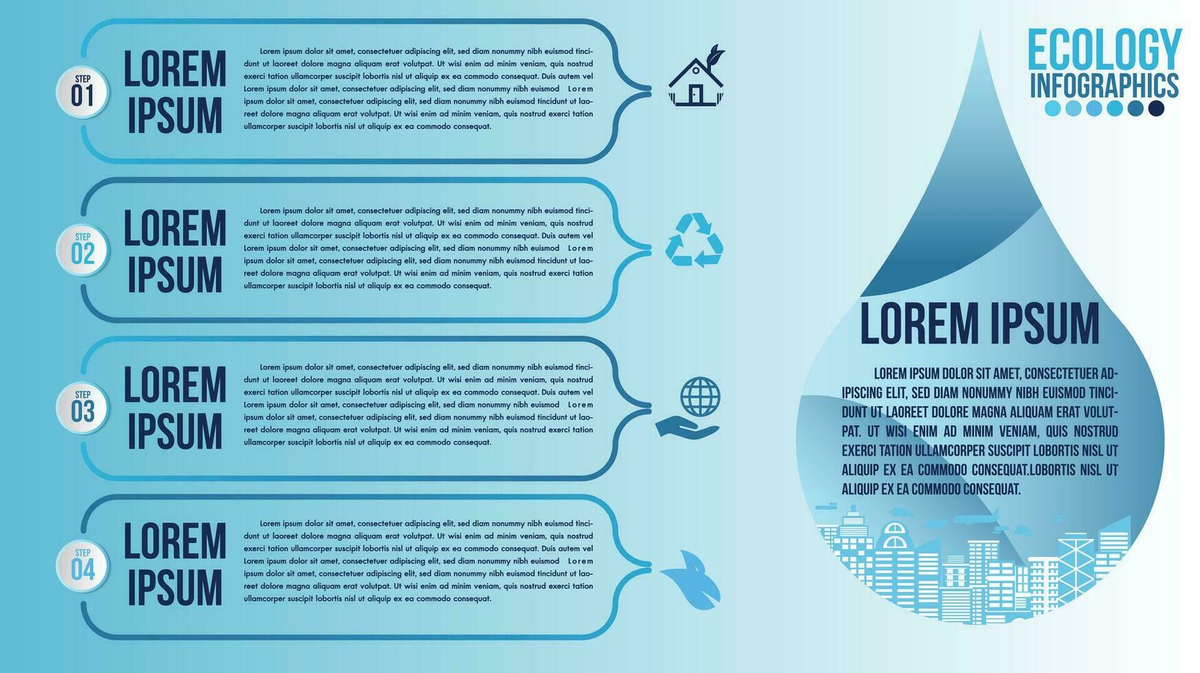 infográfico eco água azul Projeto elementos processo 4 passos ou opções partes com solta do água. ecologia orgânico natureza vetor o negócio modelo para apresentação.