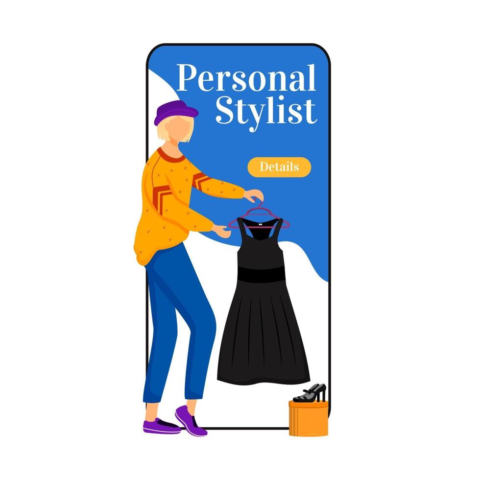 tela do app do vetor do smartphone do personal stylist cartoon. escolhendo as roupas certas. escolha novas roupas. display do telefone móvel com maquete de design de personagem plana. interface de telefone do aplicativo de tendências de moda