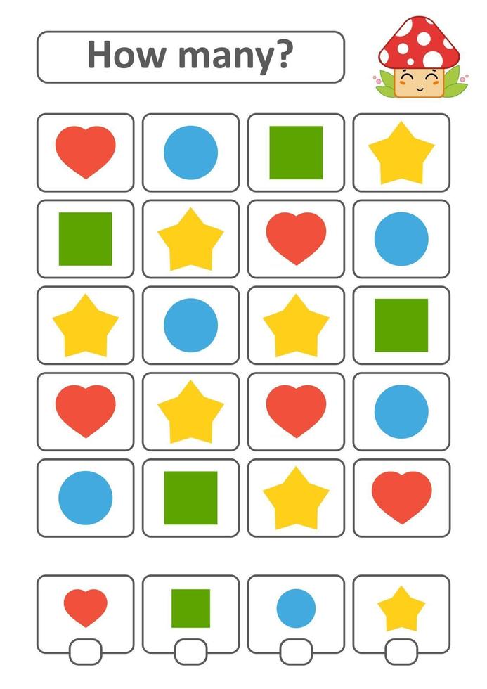 jogo para crianças pré-escolares. conte quantas frutas na imagem e anote o resultado. coração, círculo, quadrado, estrela. com um lugar para respostas. ilustração em vetor plana isolada simples.