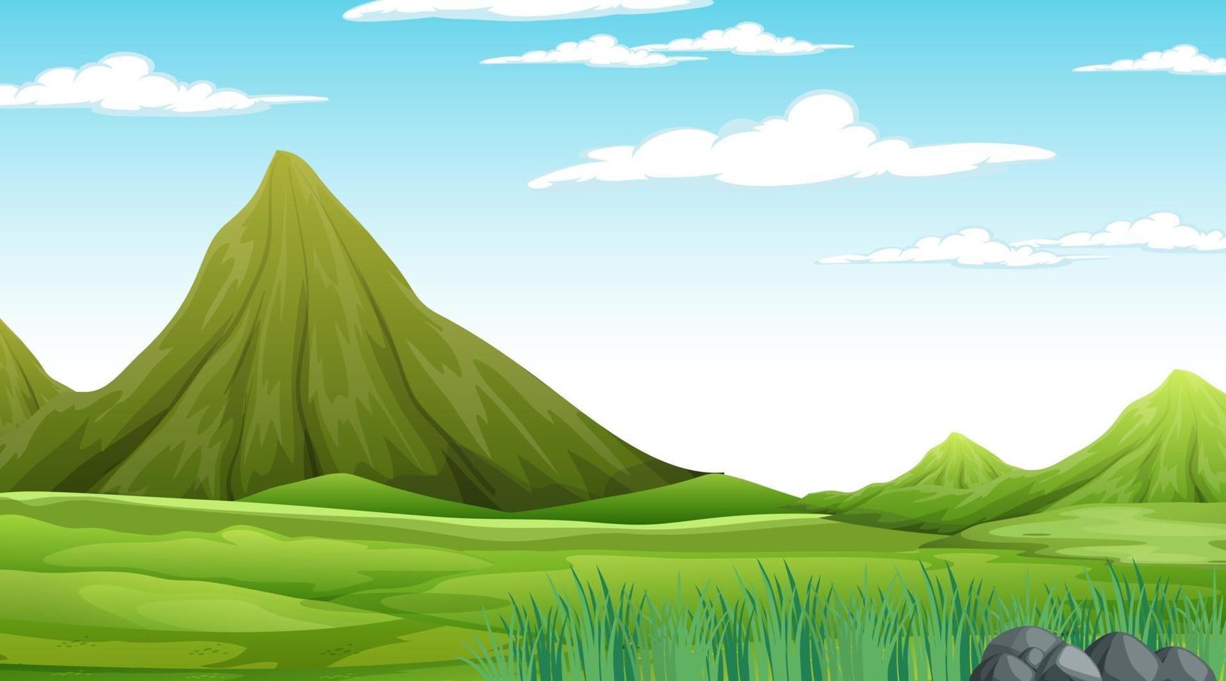 cena da natureza durante o dia com paisagem de prados e fundo de montanha vetor