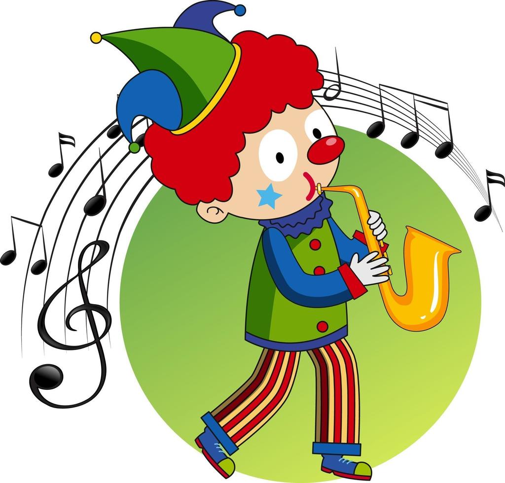 o personagem de desenho animado de um palhaço toca saxofone com símbolos de melodia musical vetor