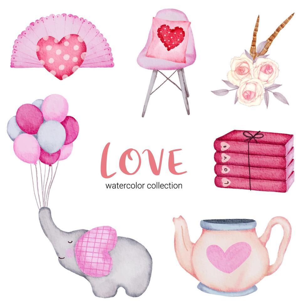 conjunto de grande isolado aquarela valentine conceito elemento adorável romântico vermelho-rosa corações para decoração, ilustração vetorial. vetor