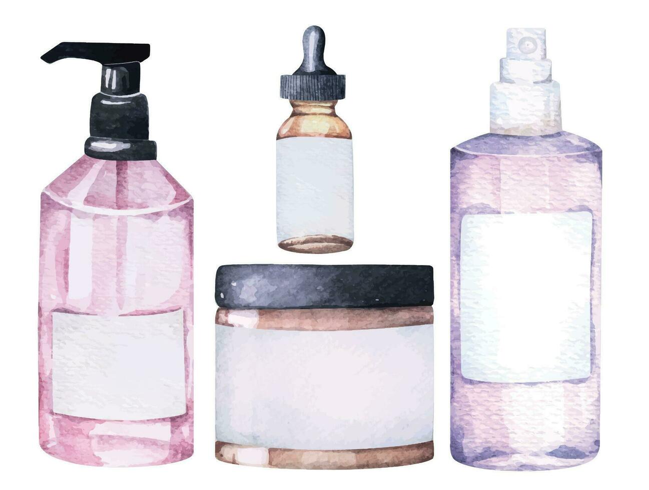 garrafa bombear, spray garrafa, sérum garrafa para produtos pintado com aquarelas.package para Cosmético vetor