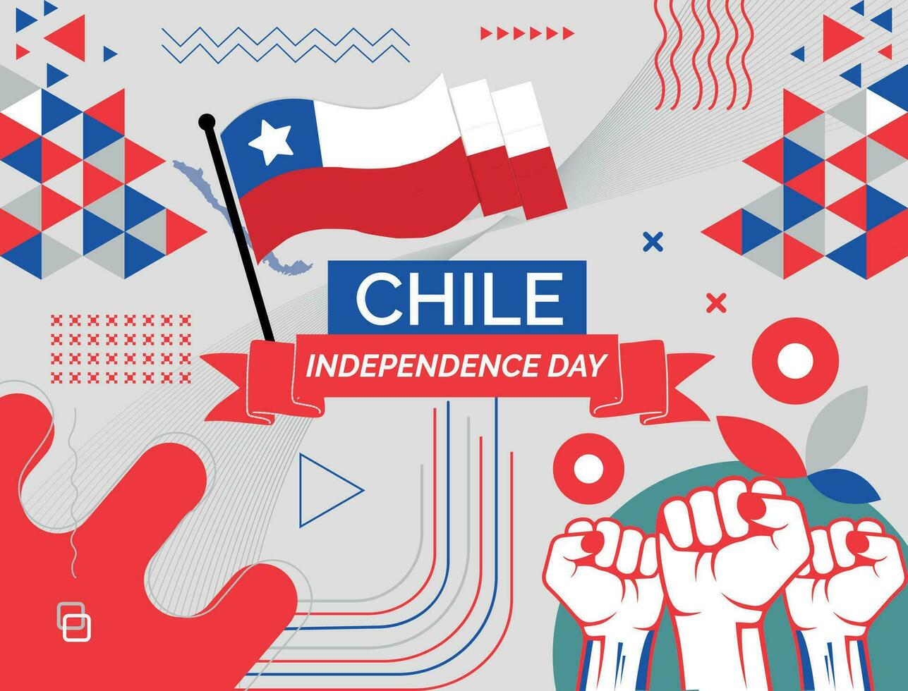 Chile mapa e elevado punhos. nacional dia ou independência dia Projeto para Chile celebração. moderno retro Projeto com abstrato ícones. vetor ilustração.