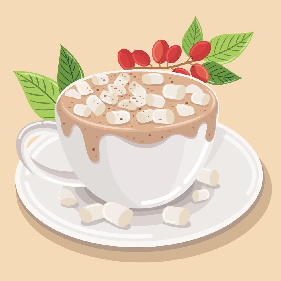 Espuma espiral de cappuccino com café quente com leite com marshmallows polvilhados por cima e chocolate em pó vetor