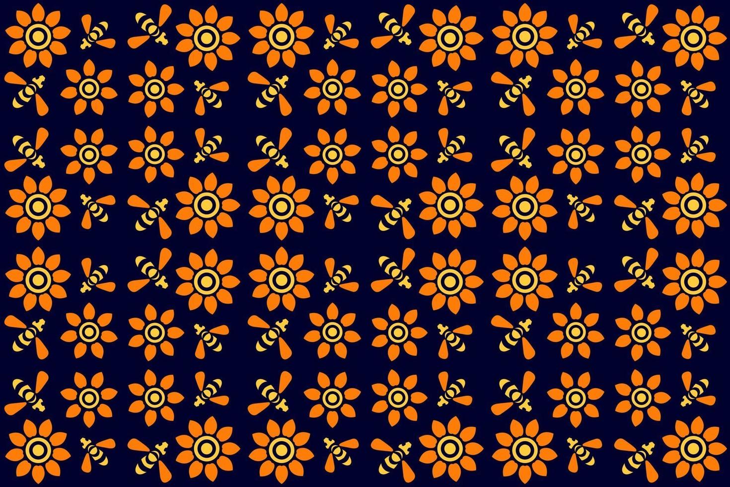 padrão de flores e abelhas, padrão floral sem costura com abelhas voando, flores de laranja amarelas sobre fundo azul, padrão têxtil, vintage, estilo retro, vetor