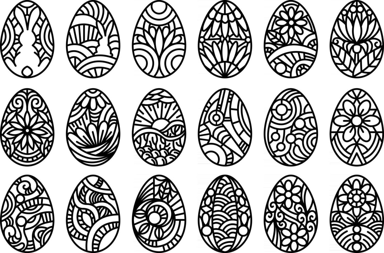conjunto de ilustração de ovos de Páscoa. coleção de ovos estampados ornamentados com flores, coelhos e formas abstratas. conjunto de ovo decorativo de páscoa vetor
