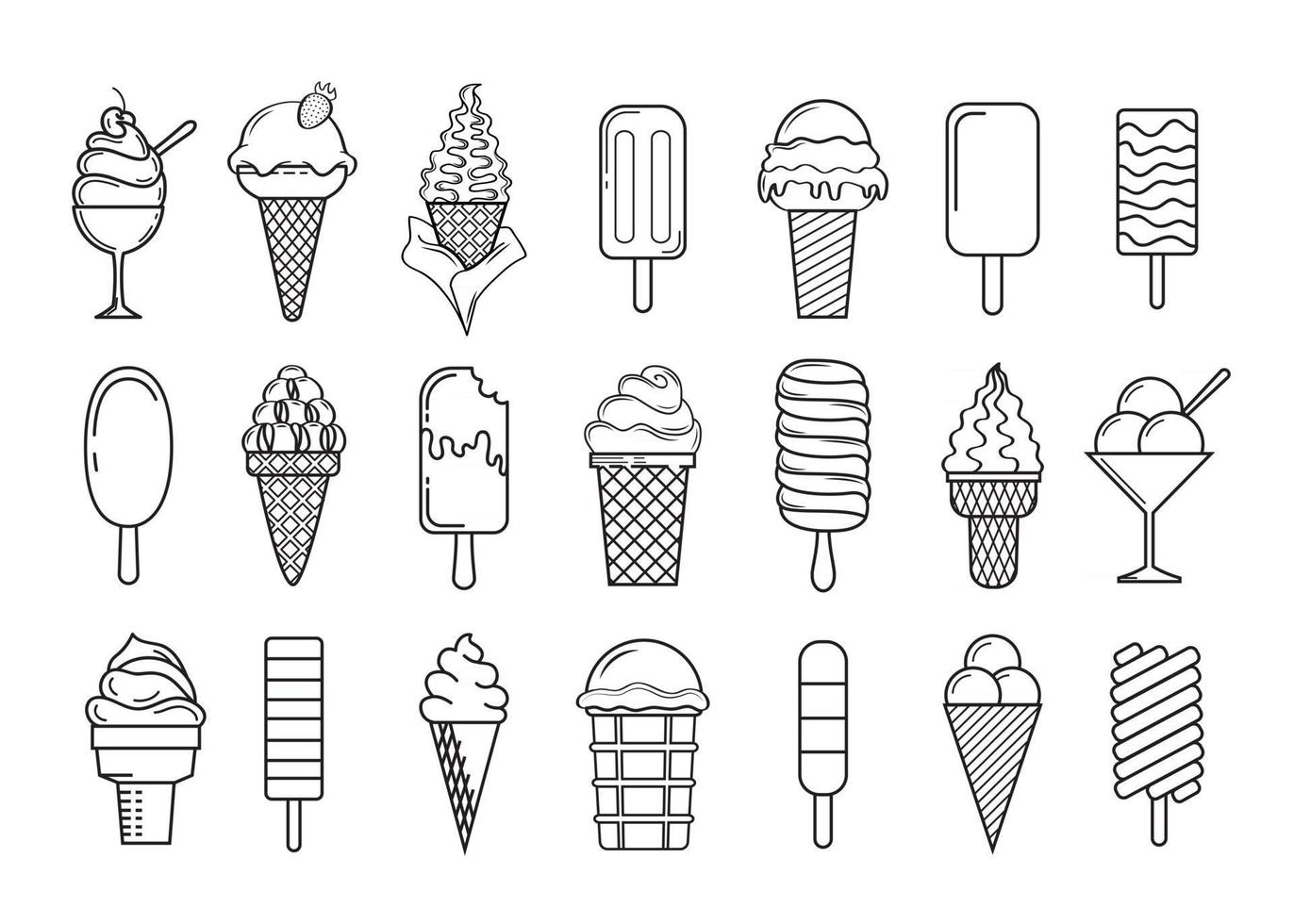 conjunto de ilustração vetorial de sorvete, coleção de sorvetes de contorno fino preto, isolado no fundo branco, para seus projetos de design como, símbolos, logotipos, sinais, etiquetas, folhetos, banners vetor