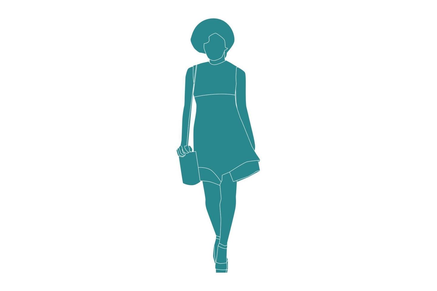 ilustração vetorial de mulher elegante caminhando, estilo simples com contorno vetor