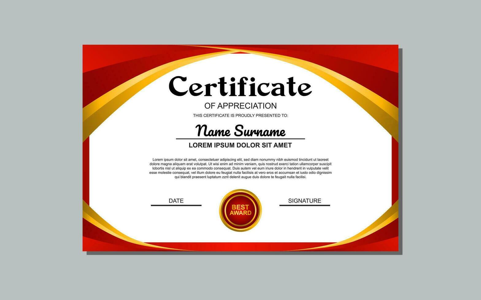 uma certificado modelo com uma vermelho e amarelo ondulado Projeto é uma versátil de ativos adequado para criando atraente, moderno certificados para vários ocasiões e eventos. vetor