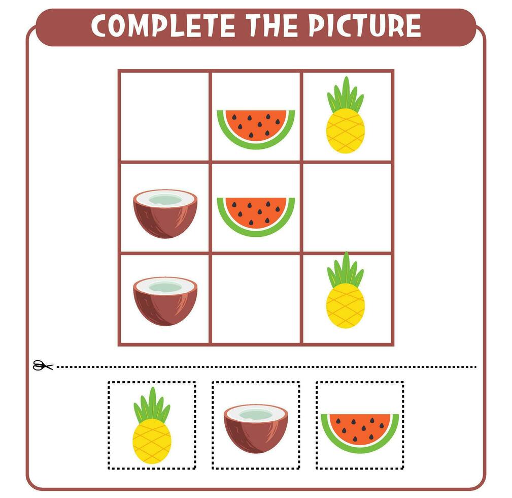 completo a cenário do frutas. educacional jogos planilha para crianças sudoku vetor