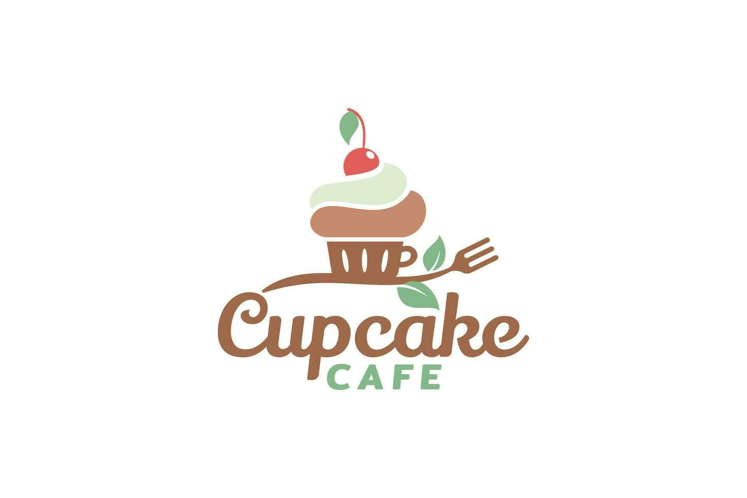 Bolinho logotipo com uma combinação do uma Bolinho, xícara, plantar e garfo que é adequado para padarias, cafés, restaurantes. vetor
