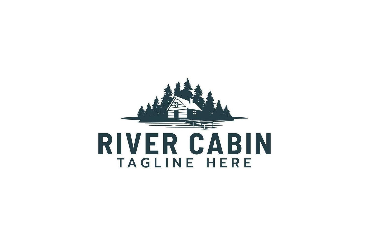 rio cabine logotipo com uma combinação do uma casa, pinheiros, e rio ou lago águas. vetor