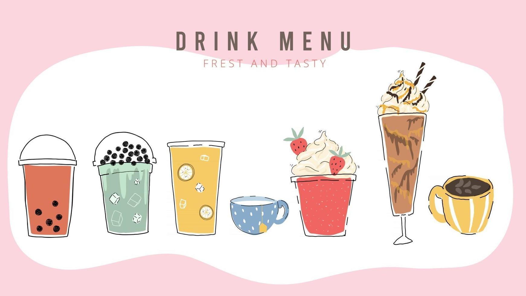 bolha coleção de design de chá de leite, chá de leite de pérola, chá de leite boba, bebidas saborosas, cafés com banner de estilo doodle, ilustração vetorial. vetor