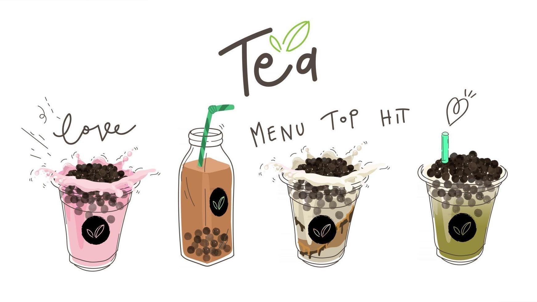 bolha coleção de design de chá de leite, chá de leite de pérola, chá de leite boba, bebidas saborosas, cafés com banner de estilo doodle, ilustração vetorial. vetor