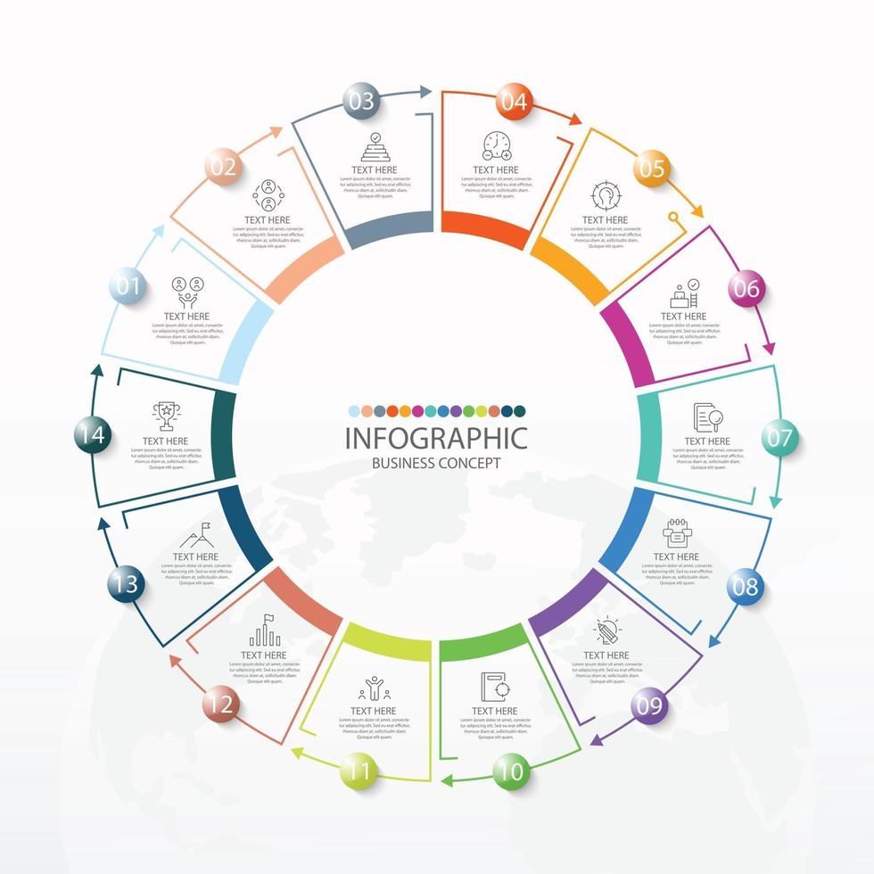 template infográfico de círculo básico com 14 etapas, processo ou opções, gráfico de processo, usado para diagrama de processo, apresentações, layout de fluxo de trabalho, fluxograma, infografia. ilustração em vetor eps10.