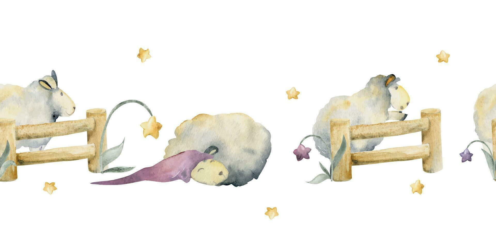 aguarela mão desenhado ilustração, fofa pelúcia bebê ovelha pulando sobre cerca com mágico Estrela flores desatado fronteira isolado em branco fundo. para crianças, crianças quarto, tecido, roupa de cama impressão vetor
