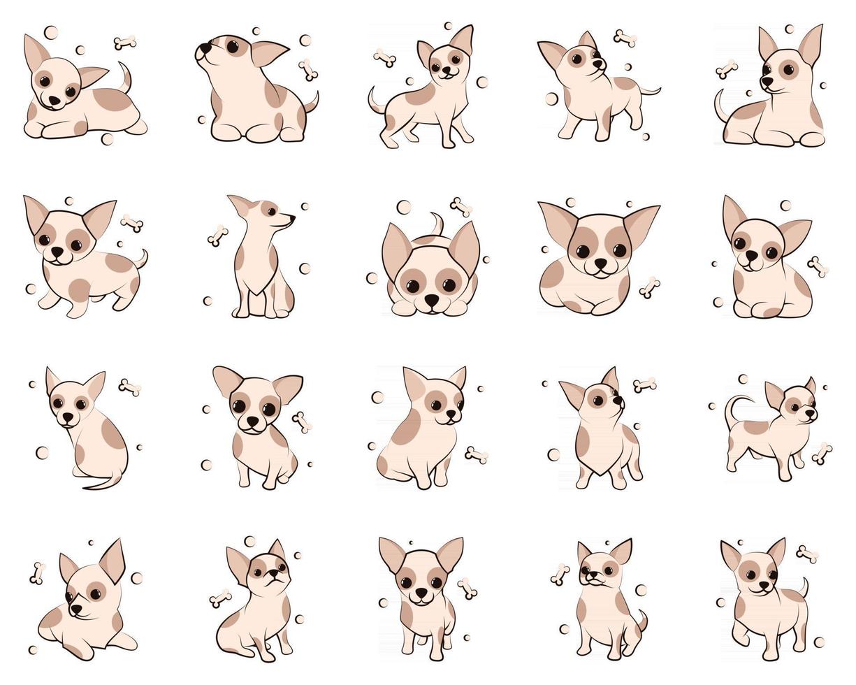 conjunto de ícones de ilustração vetorial bonito dos desenhos animados de cachorrinhos chihuahua. é um design plano. vetor