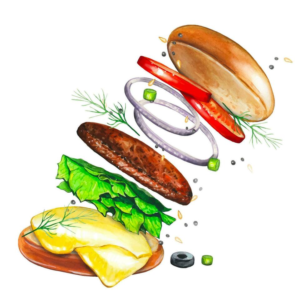 vôo hamburguer com ingredientes, aguarela vetor