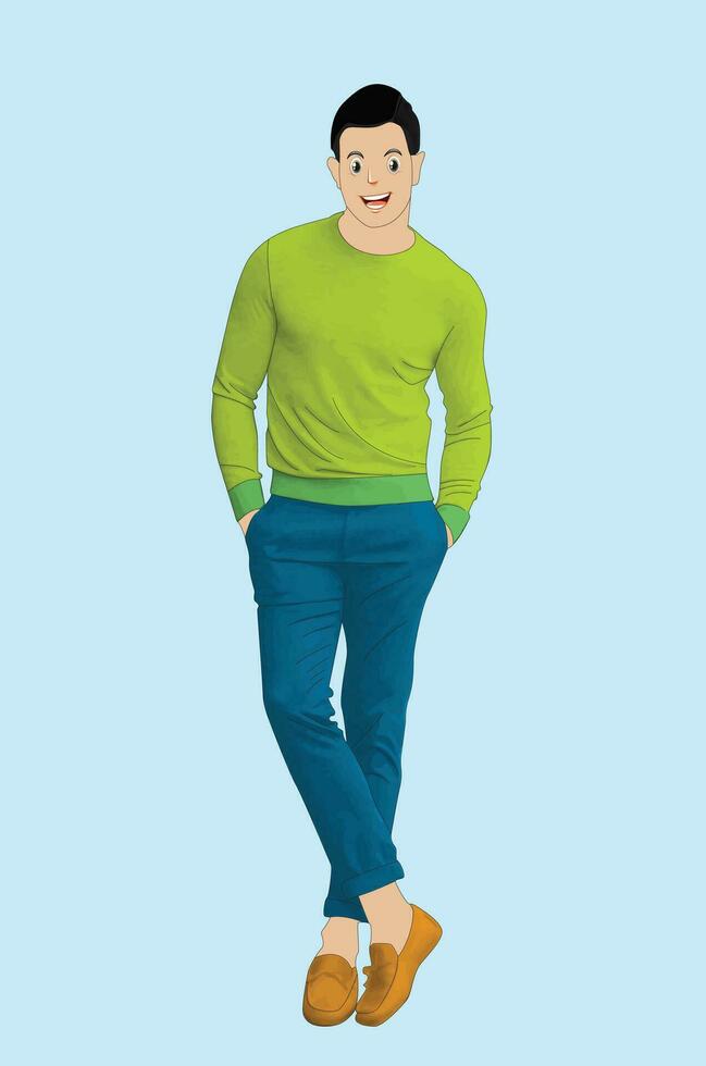 uma feliz bonito homem vestindo à moda verde camiseta e azul calça e Castanho sapatos vetor
