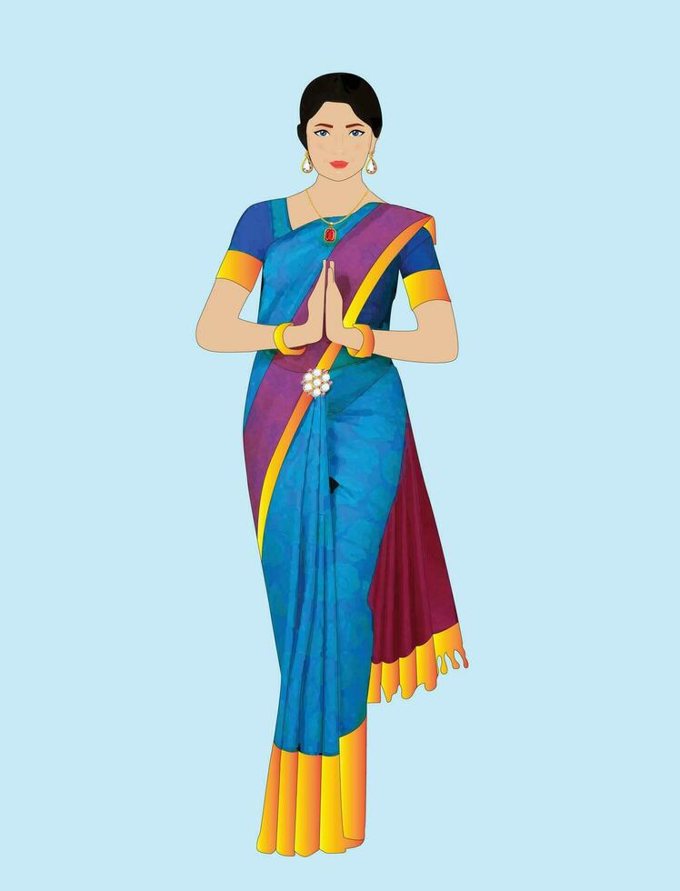 lindo indiano mulheres vestindo saree posando cumprimento namaste vetor