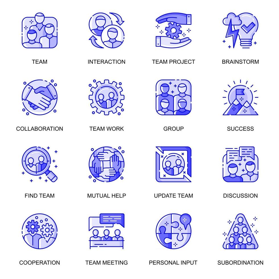 conjunto de ícones de linha plana da web em equipe vetor