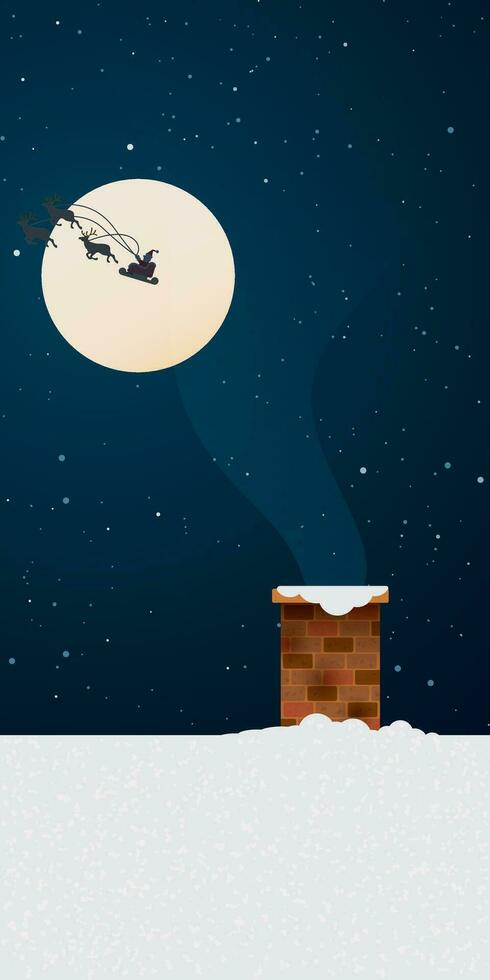 tijolo chaminé e fumaça em a cobertura que cobrir de neve dentro Natal noite ter santa cláusula trenó vôo através lua cheia fundo vertical vetor ilustração.