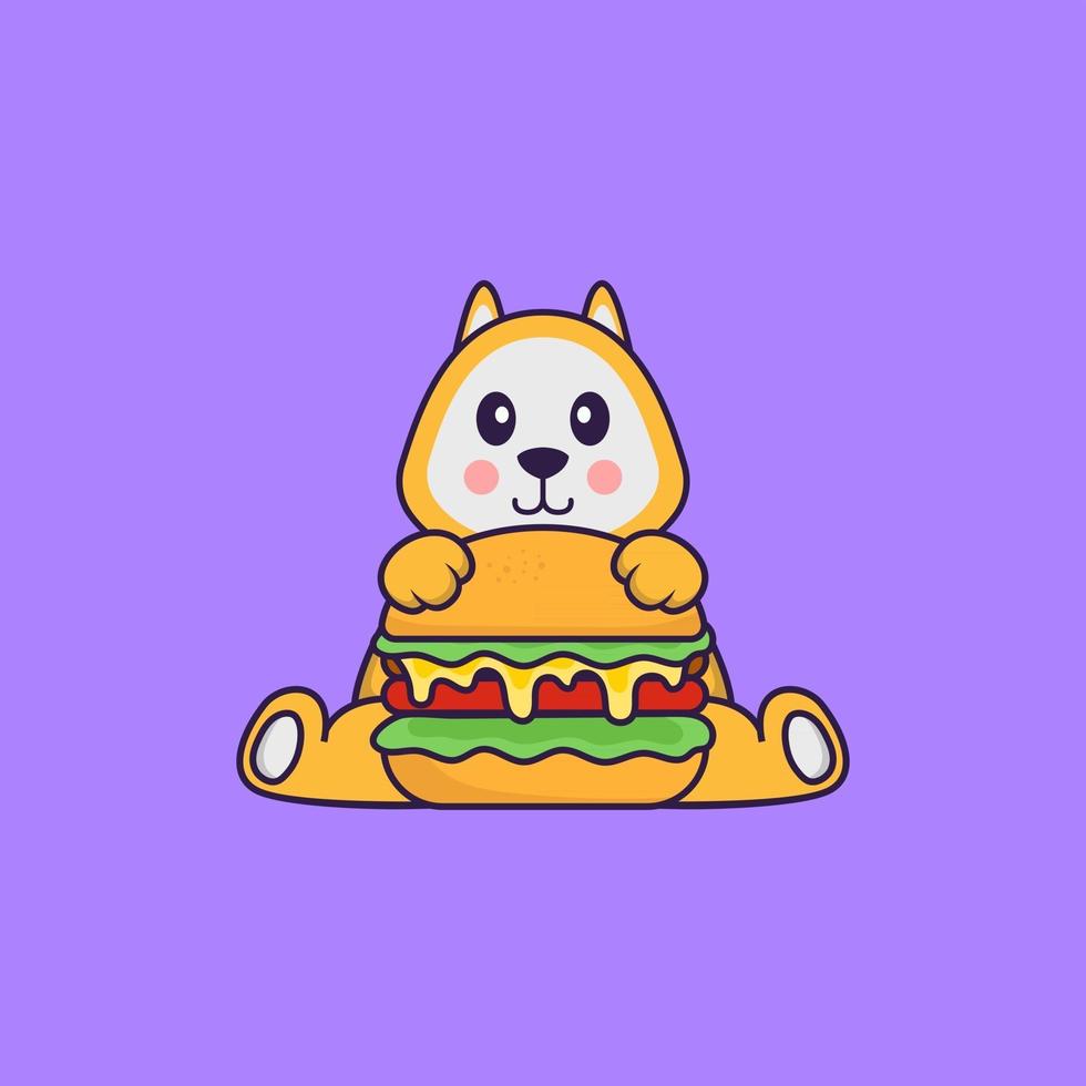 cachorro bonito comendo hambúrguer. conceito de desenho animado animal isolado. pode ser usado para t-shirt, cartão de felicitações, cartão de convite ou mascote. estilo cartoon plana vetor