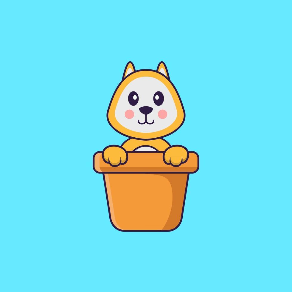 cachorro bonito em um vaso de flores. conceito de desenho animado animal isolado. pode ser usado para t-shirt, cartão de felicitações, cartão de convite ou mascote. estilo cartoon plana vetor