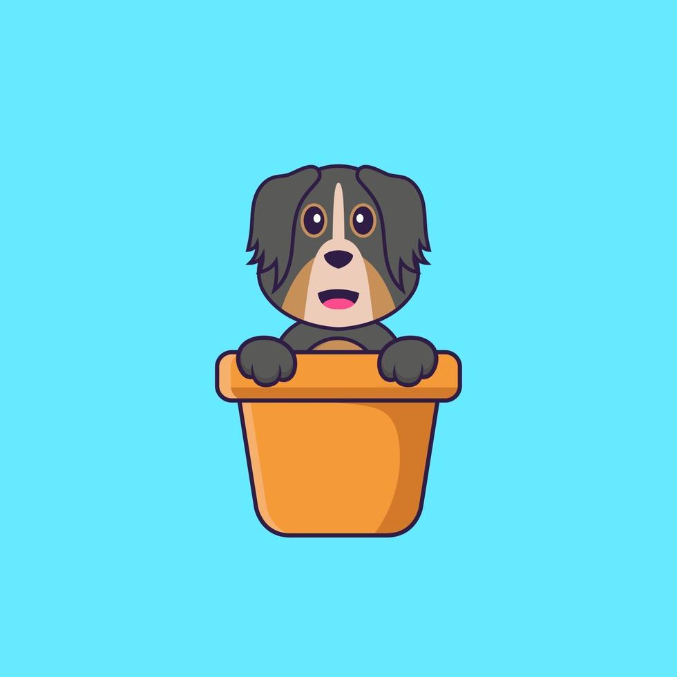 cachorro bonito em um vaso de flores. conceito de desenho animado animal isolado. pode ser usado para t-shirt, cartão de felicitações, cartão de convite ou mascote. estilo cartoon plana vetor