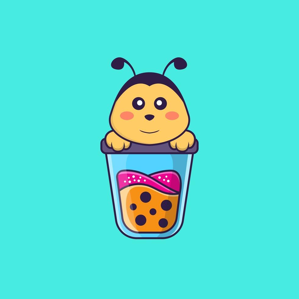 bonito abelha bebendo chá de leite boba. conceito de desenho animado animal isolado. pode ser usado para t-shirt, cartão de felicitações, cartão de convite ou mascote. estilo cartoon plana vetor