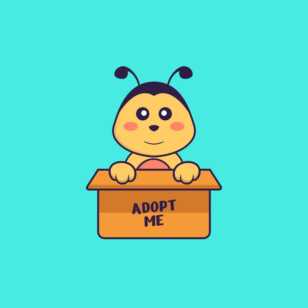 abelha bonita na caixa com um pôster me adote. conceito de desenho animado animal isolado. pode ser usado para t-shirt, cartão de felicitações, cartão de convite ou mascote. estilo cartoon plana vetor
