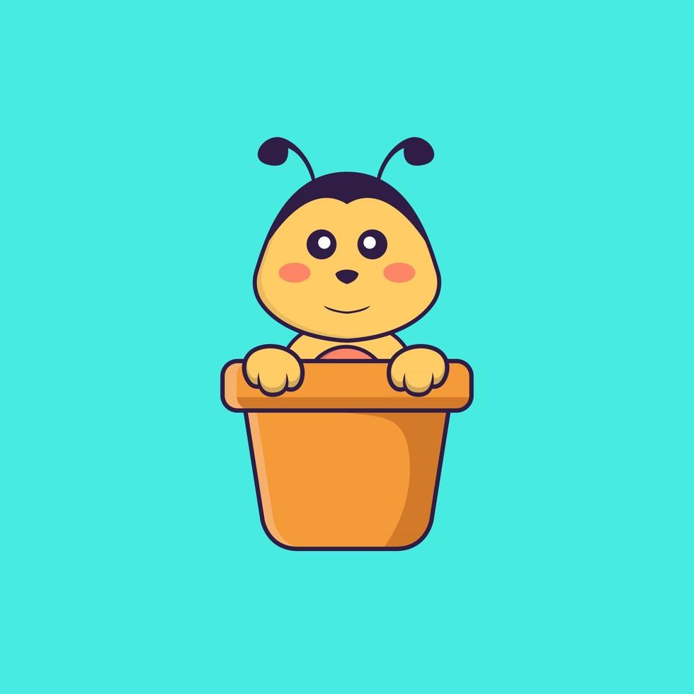 abelha bonita em um vaso de flores. conceito de desenho animado animal isolado. pode ser usado para t-shirt, cartão de felicitações, cartão de convite ou mascote. estilo cartoon plana vetor