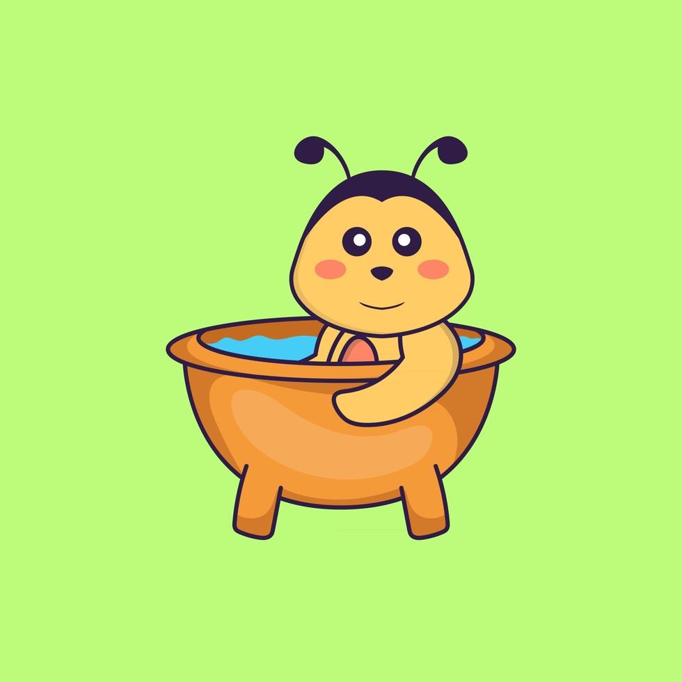 abelha bonita tomando banho na banheira. conceito de desenho animado animal isolado. pode ser usado para t-shirt, cartão de felicitações, cartão de convite ou mascote. estilo cartoon plana vetor